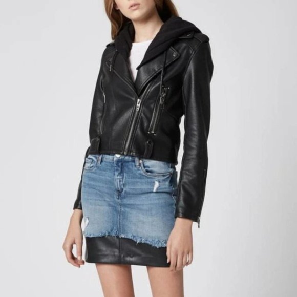 Blank NYC NEO Black Vegan Leather Zip Moto Jacket removable knit hood XS - Picture 1 of 14